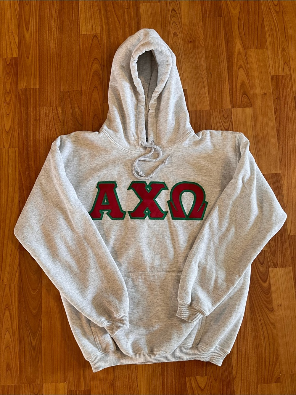 Alpha Chi Omega sorority Gray Hoodie Sweatshirt with Red & Green Letters - AXΩ